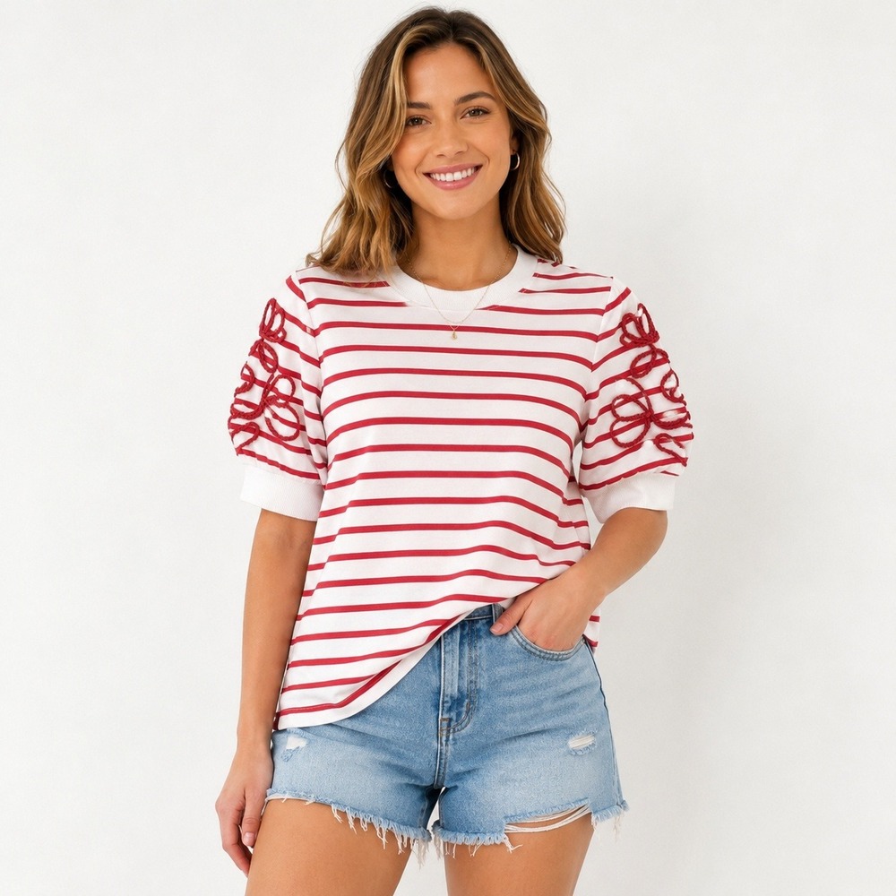 Fred David Womens Striped Floral Embroidered Puff Sleeve Top Red White Size S